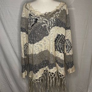 Black and Cream Fate Distressed Sweater with Fringe